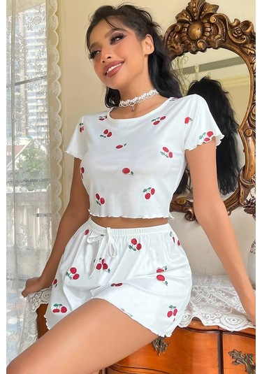 Merry See Örme Yumuşak Kısa Kol Kiraz Basklı Sortlu Pijama Takımı 001