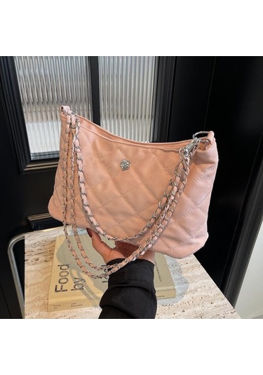 Novahub Eşkenar Dörtgen Nakış İpliği Küçük Çanta Kadın İlkbahar Ve Yaz Taşınabilir Kova Çanta Moda Yabancı Stil Zincirli İşe Gidiş Geliş Postacı Çantası Pembe Pembe