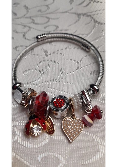 Uzel Çelik Gümüş Silver Model Inci Kalpli, Uğur Böceği Charmlı Çelik Bileklik Kırmızı