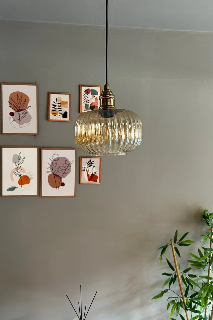 Mola Cam Bal Rengi Tekli Avize Lale Başlık Retro Sarkıt Lamba Restoran Salon Aydınlatma Bal