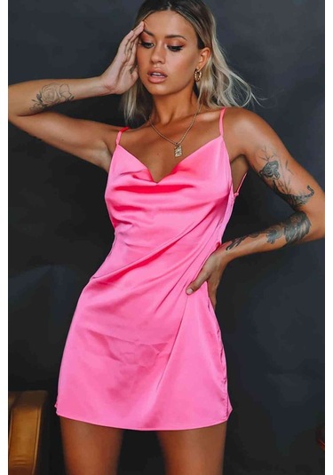 Alpinmoda Saten Yırtmaçlı Kısa Gecelik Ms23246 Pembe