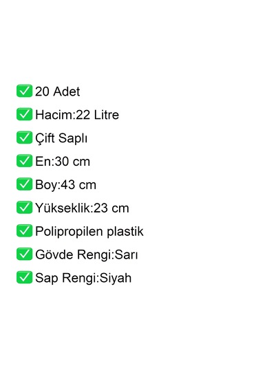 Plastik Alışveriş El Sepeti Çift Saplı 22 Litre Sarı 20 Adet / En:30 Boy:43 Yükseklik:22 Cm Sarı