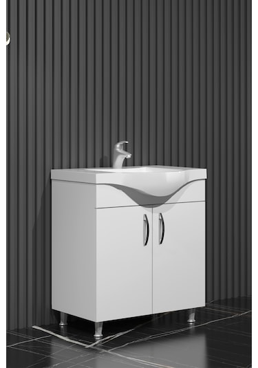 Yıldız 75 Cm Beyaz Mdf Lavabolu Ayaklı Kulplu Banyo Alt Dolabı Beyaz
