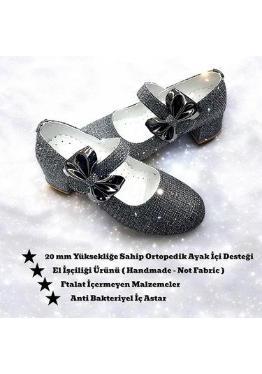 Beebron Ortopedik Topuklu Abiye Kız Çocuk Ayakkabı Shining Series Abiayk2401 Simli Antrasit Antrasit