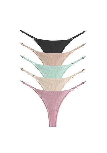Pamuklu Ve Likralı Ayarlanabilir Lastikli Kaşkorse Fitilli Kadın Tanga Külot 5'li Paket Renkli-1 Çok Renkli