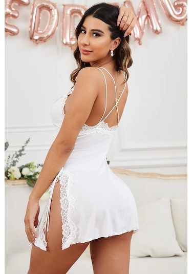 Merry See Askılı Dantel İşlemeli Yırtmaçlı Gecelik Beyaz