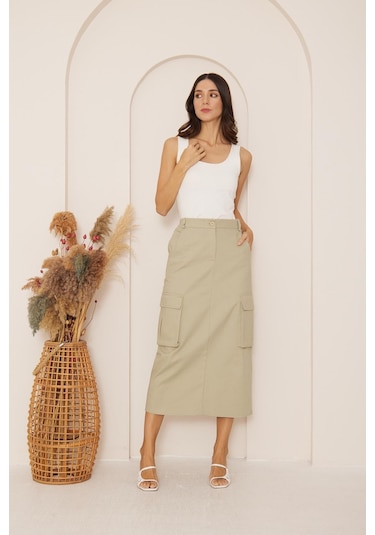 Darlin Moda Haki Gabardin Midi Boy Etek Dm2032 Haki