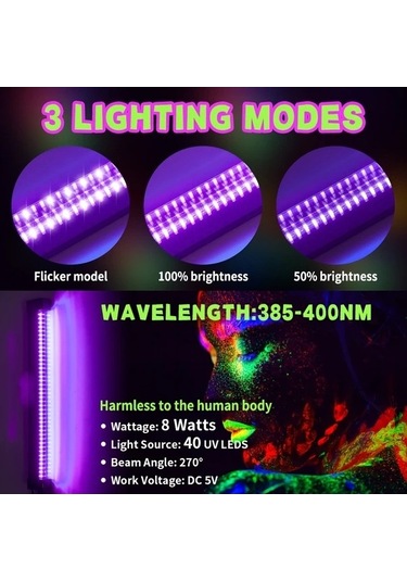 Fastbuy 6 Adet Set 40 Led Uv Siyah Işık Bar Ve Şerit Işığı 32/249cm Dc 5v Usb 3 Mod Ahşap Ahşap