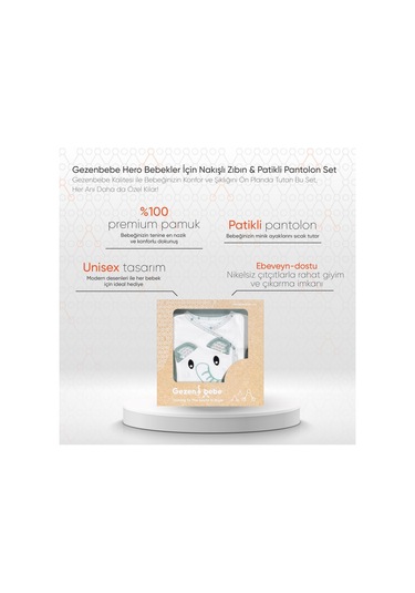 Gezenbebe Hero Bebekler İçin Nakışlı Zıbın Ve Patikli Pantolon Set 6-9 Ay