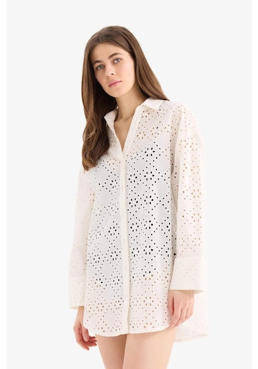 Defacto Regular Fit Pamuklu Brode Plaj Gömleği-fall İn Love C0506ax25smwt16 Beyaz