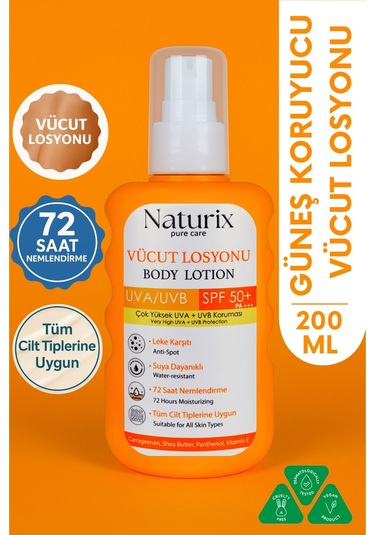 Vücut Losyonu Spf 50+ Pa+++ Uva/uvb Güneş Koruması, 72 Saat Nem, Leke Karşıtı Etkili - 200ml