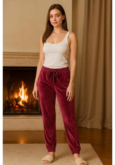 Kadın Paçası Lastikli Cep Detaylı Kadife Kumaş Tek Alt 503 Mürdüm MÜRDÜM