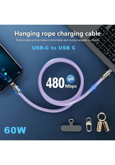 Honeybeeshop Bravoul 60w Usb C Hızlı Şarj Kablosu Mor 30cm 480mbps Yüksek Hız Veri Aktarım