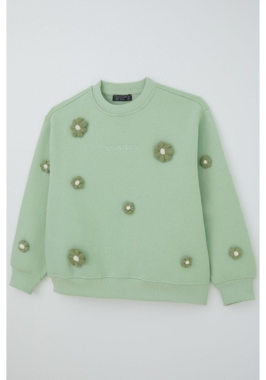 Locoloco Kız Çocuk Sweatshirt Çiçek Motifli 9-14 Yaş, Su Yeşili Su Yeşili