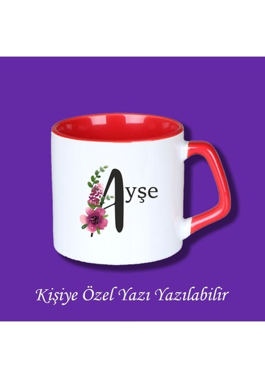 İsme Özel Baş Harf Ve İsim Baskılı Çiçek Desenli Renkli Kupa Bardak Ve Kahve Fincanı Beyaz