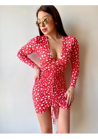 Tua Moda Kadın V Yaka Önü Asansör Büzgü Detay Fırsat Ürün Puantiyeli Mini Elbise Kırmızı - Beyaz