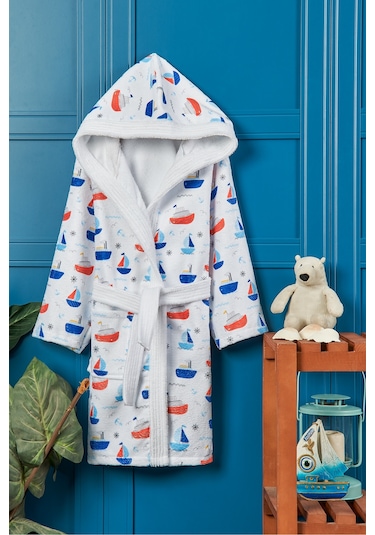 Sea Ship Dijital Baskılı Çocuk Bornozu Mavi - Beyaz