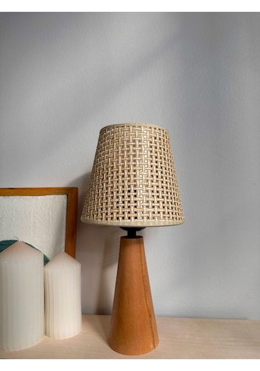 Bohem Ahşap Ayaklı Konik Abajur - Bej Bej