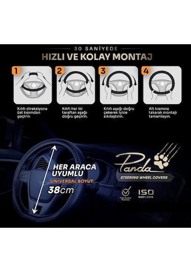 Panda Oto Direksiyon Kılıfı - Deri / Karbon-füme