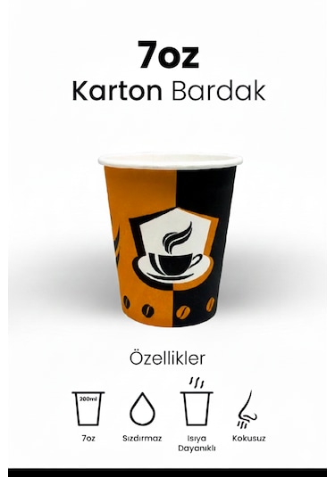 7 Oz (200 Ml) Karton Bardak, 100 Adet, Çay, Kahve ve Meşrubat, Kokusuz, Sızdırmaz