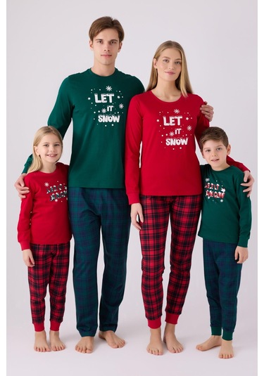 Arnetta 3105 Noel Let İt Snow Kız Çocuk Kırmızı Uzun Kol Pijama Takım Kırmızı