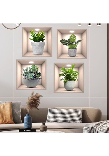 Qingmipy 3d Yeşil Bitki Duvar Sticker, 4 Adet, Vinyl, Su Geçirmez, Kolay Uygulama, 30x30cm, Çeşitli Yüzeyler İçin, Salon Dekoru Çok Renkli