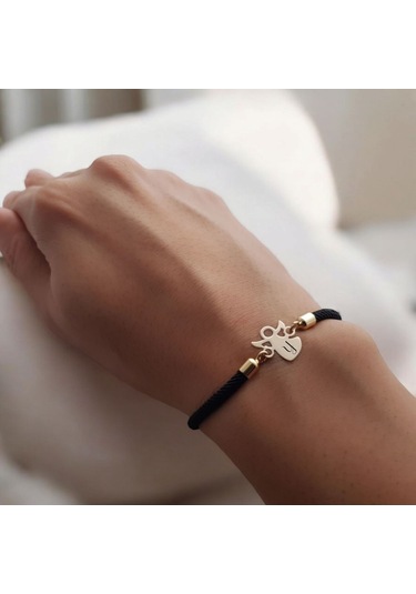 Y Harfine Özel 14 Ayar Altın Plakalı Mevlana Motifli Örgü İpli Hediye Bileklik-319harf-siyah Altın