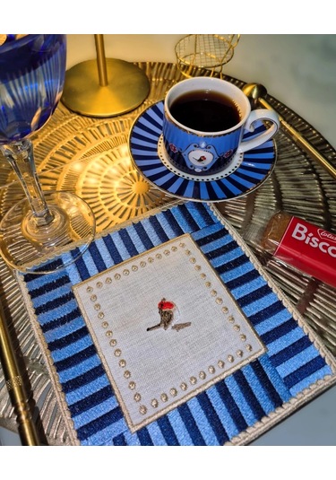 2 Adet Mavi Pip Studio Uyumlu Nakışlı Love Bird Detaylı Kokteyl Sunum Peçetesi Çok Renkli