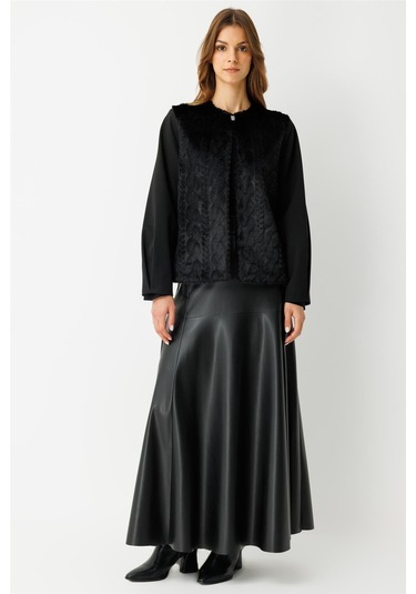 Kürk Ceketli Deri Etekli Takım Siyah Siyah