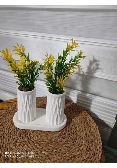 Mini Desenli İkili Beton Saksı Ve Oval Tabak - Yapay Çiçek Hediyeli - Sarı