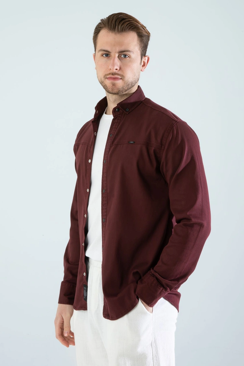 Slim Fit Erkek Cepsiz Kot Gömlek Bordo