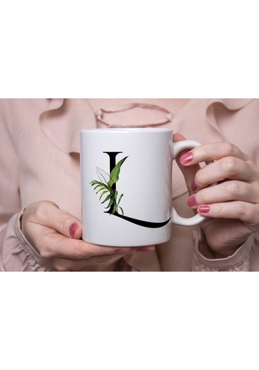 L Harf Zarif Yaprak Desenli Kupa Bardak - Naturel Sade Alfabe Harfli Bardak - Kişiye Özel Hediye Beyaz