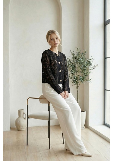 Sayzen Your Shine Dantel Desenli Gold Düğmeli Basic Ceket Shn-2602-tg Siyah