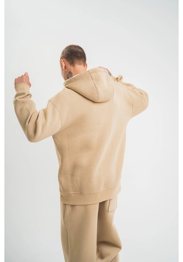 Unisex Double Oversize Kapşonlu Basic Sweatshirt - Bej Siyah