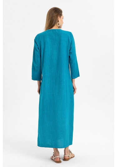 Turkuaz İşlemeli Uzun Kollu Astarsız Pamuklu Uzun Elbise-turkuaz Turkuaz