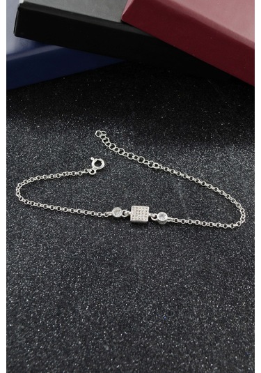 Parmas Design Zirkon Taşlı Minimal Kare Figür 925 Ayar Gümüş Kadın Ayarlanabilir Bileklik - Gümüş