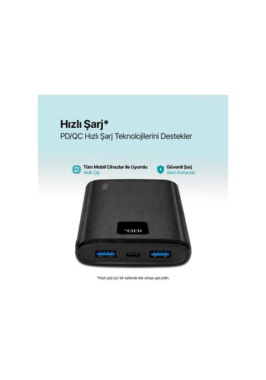 Ttec Powerslim Trio LCD 10.000 MAh PD 22.5 W Dahili Kablolu Taşınabilir Powerbank
