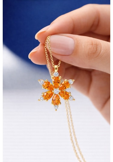 Çekirdekjewelry 925 Ayar Gümüş Turuncu Taşlı Kamelya Çiçeği Kolye Sarı Turuncu