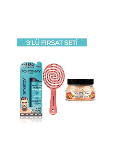 Fontenay Pudra Toz Wax Mavi 20gr + 3 Boyutlu Saç Fırçası+ Face And Body Scrub Şeftali 350ml 3'lüset