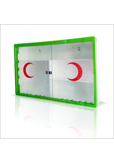 Sürgülü Camlı Kapaklı Steril İlk Yardım Sağlık Ecza Kutusu Dolabı Yeşil