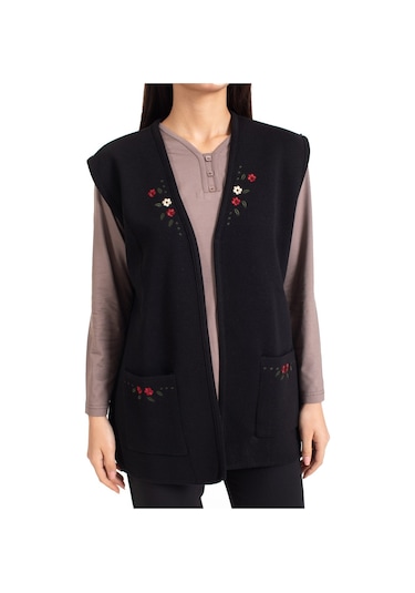 Kadın Orta Yaş ve Üzeri Triko Örgü Düğmesiz Kanaviçe Desen Nakışlı Anne Yelek 310-siyah - L Füme