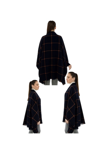 1 Adet Kadın Büyük Bedene Uygun Yumuşak Dokulu Kışlık Desenli Atkı Omuz Şalı Lacivert - Turuncu