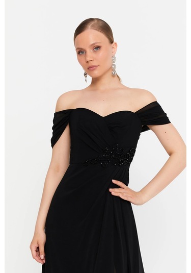 Doridorca Kadın Düşük Kollu Taş Detaylı Şifon Maxi Boy Abiye Elbise 7035 Siyah Siyah