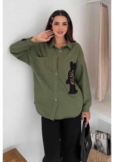 Leopar Ayıcık Armalı Gabardin Kumaş Gömlek Haki Haki