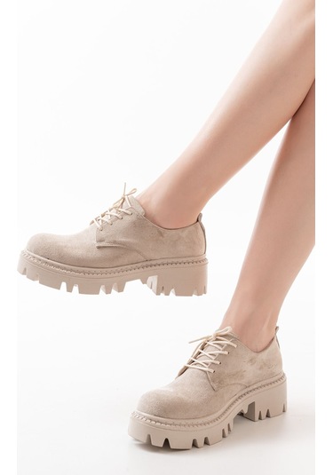 868-754 Bej Süet Bağcıklı Günlük Yüksek Tabanlı Loafer Ayakkabı Bej