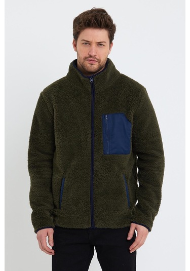 Erkek Dik Yaka Polar Ceket Koyu Yeşil