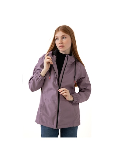 Kadın Mürdüm Içi Astarlı Su Geçirmez Ve Rüzgara Dayanıklı Kapüşonlu Cepli Yağmurluk - Rüzgarlık Mürdüm
