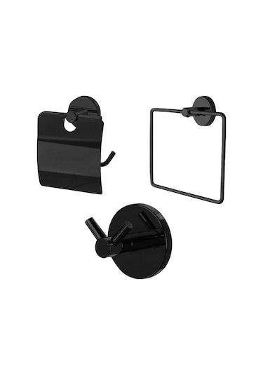 Banyo Aksesuar 3 Lü Set Havluluk - Wc Kağıtlık - 2 Li Askı Mat Siyah