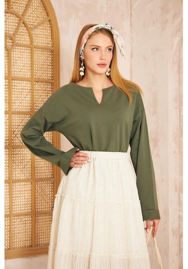 Kadın Ekstra Uzun Duble Kol / Yakası Yırtmaçlı Salaş Sweatshirt Bluz 3470190 Haki