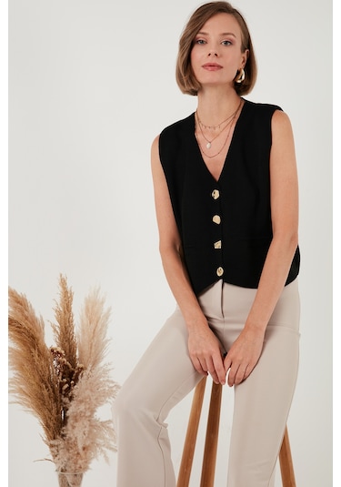 Lela Standart Fit V Yaka Düğmeli Triko Bayan Yelek 4616177 Siyah